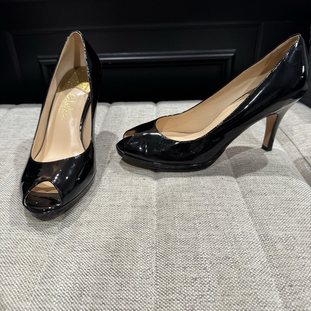 Cole Haan Shoes Pump Heels Womens Size 8.5 B Black Patent Leather Air Peep